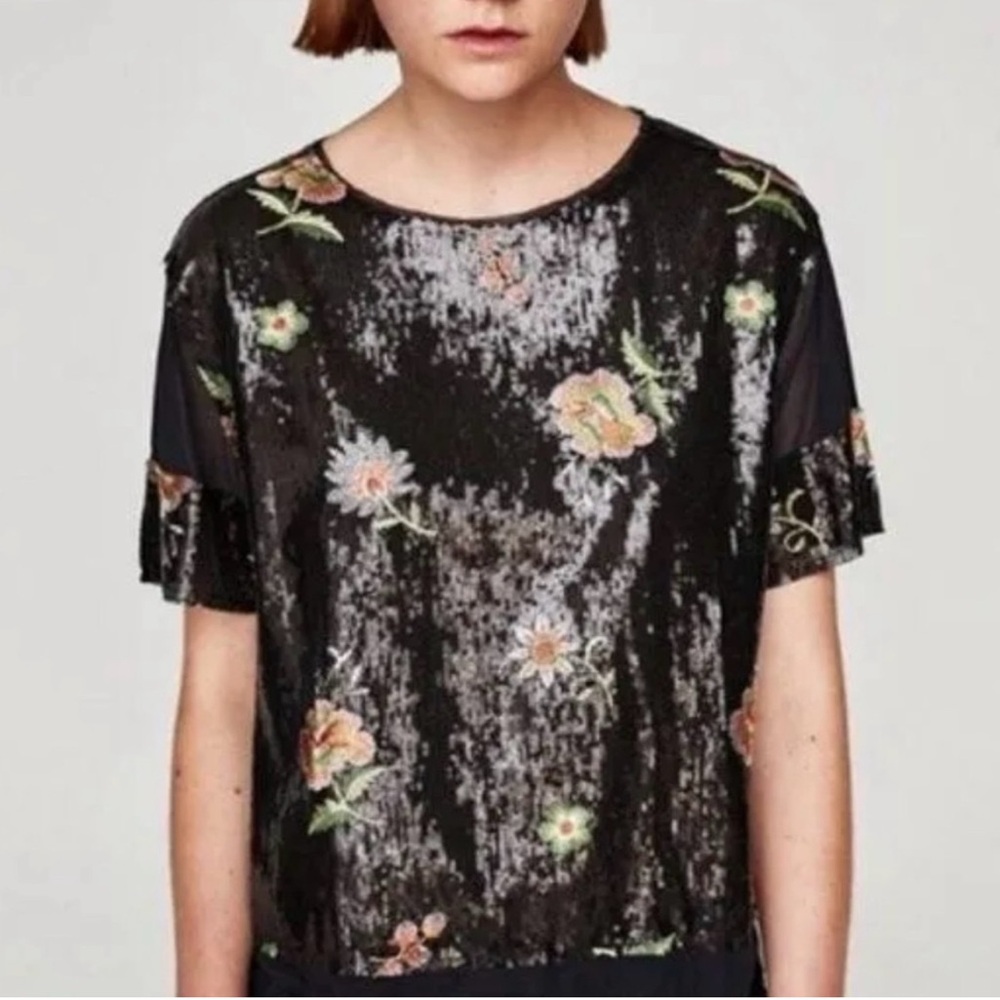Zara Black Sequin Floral Top
